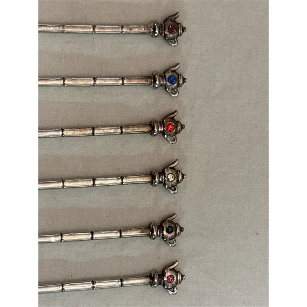 Silver Plated Tea Coffee Stirrer Spoons Set 6 Teapot Topper Color Stones 7.5